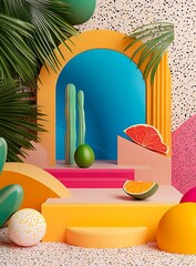 Poster - Abstract Summer Background with Fruits and Palm Trees