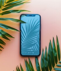 Wall Mural - Palm Leaves and Phone on Pink Background