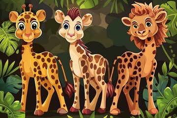 Wall Mural - Cute Cartoon Giraffes Illustration in the Jungle