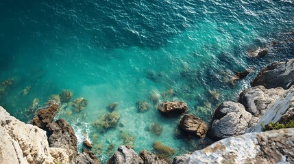 Wall Mural - Aerial View of Clear Blue Water and Rocks