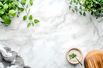 Poster - White Marble Background with Greenery and Salt