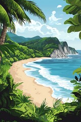 Wall Mural - Tropical Beach Scene with Palm Trees and Green Mountains