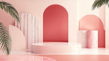 Wall Mural - Pink Marble Background with Archway and Palm Leaves