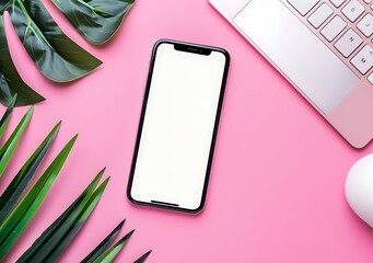 Wall Mural - Pink Background With Green Leaves and White Phone Mockup