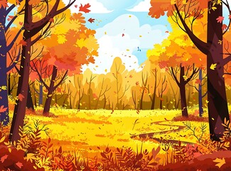 Sticker - Autumn Forest Landscape With Colorful Trees And Falling Leaves