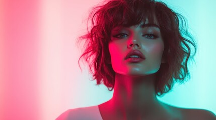 Poster - A woman bathed in vibrant neon lights, presenting a striking artistic concept with a focus on abstract, colorful visuals in a modern, artistic approach.