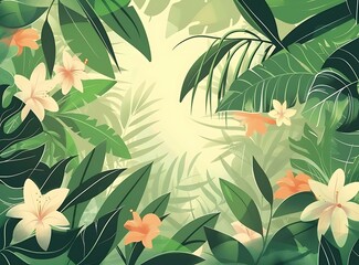 Wall Mural - Tropical Leaves and Flowers Background Illustration