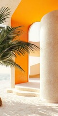 Canvas Print - Modern Architecture with Palm Tree and Orange Wall