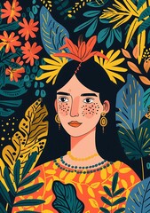 Wall Mural - Woman with Flower Crown in Lush Tropical Foliage