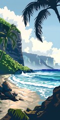 Wall Mural - Tropical Beach Coastline Landscape Illustration