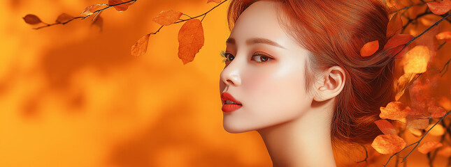 Beautiful fashion portrait of a Korean woman with autumn leaves near her styled red hair, against an orange background