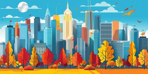 Poster - Autumn Skyline Cityscape Illustration