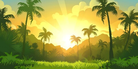 Tropical Sunset Landscape with Palm Trees