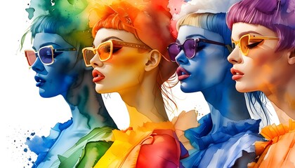 Wall Mural - Vibrant watercolor silhouettes of fashion models in abstract forms against a white background