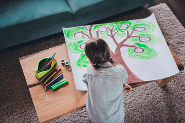 Poster - High angle view photo of lovely small girl paint tree wear shirt loft interior apartment indoors