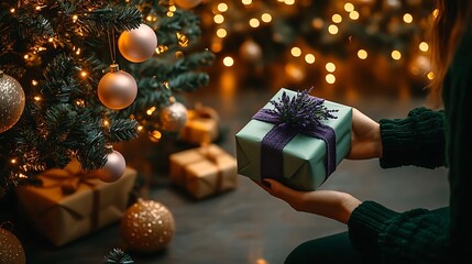 Wall Mural - A serene holiday scene with a person kneeling by a pastel-decorated tree, holding a lavender-wrapped gift, soft twinkling lights reflecting off delicate ornaments,