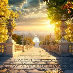 Wall Mural - Stone Steps Leading to a Cityscape at Sunset