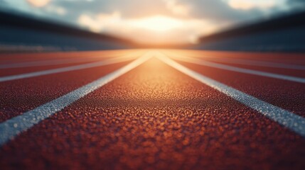 A serene perspective of a red running track adorned with white lines, basking in the soft glow of the sunlight, epitomizing tranquility and endless possibilities.