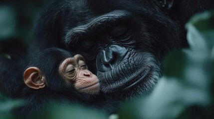 A close-up shot showcases a baby chimpanzee comfortably sleeping next to its mother, illustrating the bond and tranquility shared between the parent and child in their natural habitat.