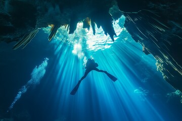 Wall Mural - Underwater diver exploring a surreal cave with stunning light beams in a tropical location