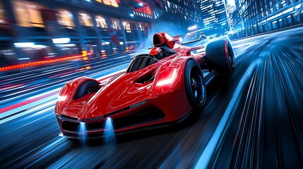 A red race car blazes through the city streets at night, its speed a blur of motion.