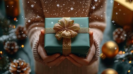 Wall Mural - A serene winter scene with a person in a pastel sweater, holding a beautifully wrapped gift, surrounded by frosty decorations and softly falling snowflakes, creating a magical holiday atmosphere.