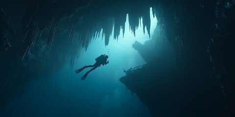 Wall Mural - Diver explores stunning underwater cave with striking stalactites and beams of light streaming from the surface