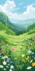 Wall Mural - Beautiful Meadow Landscape With Green Grass And Colorful Flowers Illustration