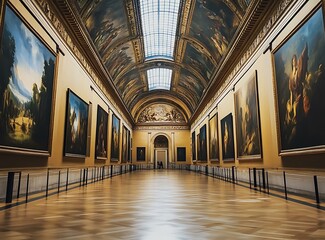 Long Hallway In Art Museum With Paintings On The Walls