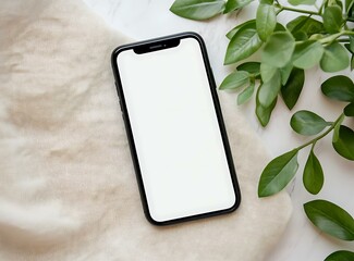 Canvas Print - Blank Screen Smartphone Mockup On Fabric And Marble