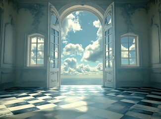 Canvas Print - Open Door Leading To The Sky With Clouds