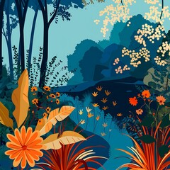 Wall Mural - Blue and Orange Forest Illustration