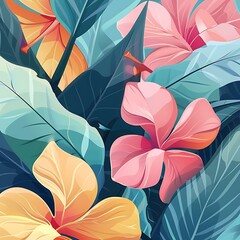 Canvas Print - Tropical Flower and Leaves Illustration