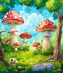 Fantasy Forest Illustration with Red and White Mushrooms