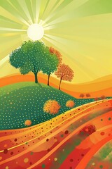 Sticker - Autumn Landscape with Sun Rays and Green Trees