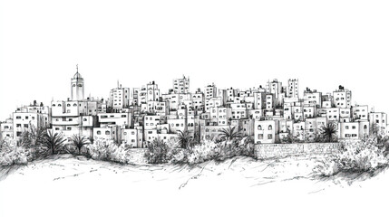 Jericho, West Bank, black and white pen pencil hand-drawn effect drawing illustration for travel poster, card, wallpaper, backdrop or banner. Modern, clear, artistic and simple