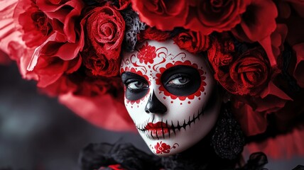 A striking woman with beautifully painted skull face, adorned with vibrant red roses and large floral headdress, embodies spirit of celebration and remembrance