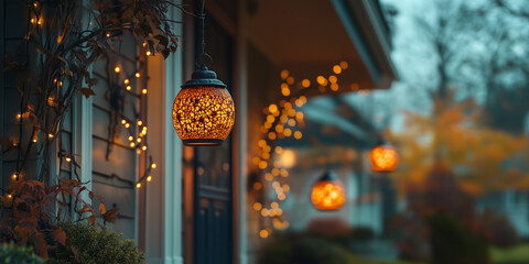 Beautiful home with hanging lights and Halloween decorations, creating an inviting atmosphere for family gatherings and Halloween events.  Warm glow of lanterns illuminating a front porch.