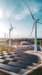 Aerial view of a renewable energy facility featuring large wind turbines and solar panels. The scene showcases a combination of wind and solar energy sources.