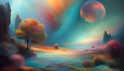 Wall Mural - Surreal dreamscape featuring abstract elements and vibrant colors in a captivating digital painting