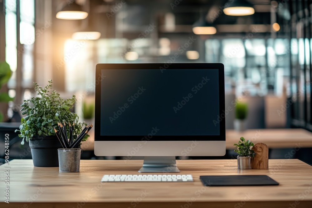 Office Background With Computer Office desk with desktop computer and business office background with ...