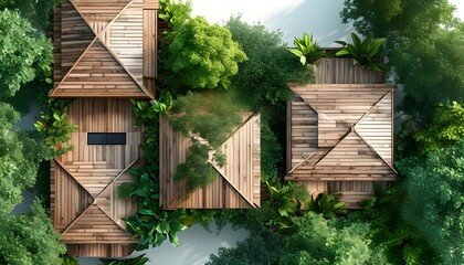 Wall Mural - Modern wooden houses surrounded by lush greenery on a pristine white backdrop for innovative real estate presentations