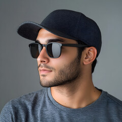 Stylish Young Man in Baseball Cap and Sunglasses Posing for Portrait