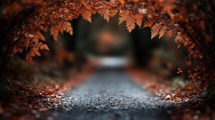 A serene path surrounded by vibrant orange fern leaves forming a natural arch, perfect for an autumn stroll and capturing the beauty of fall foliage in a tranquil forest setting.