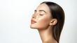 © Danudet.C - Elegant woman, sleek straight hair, flawless skin, eyes softly closed, white background, delicate side view