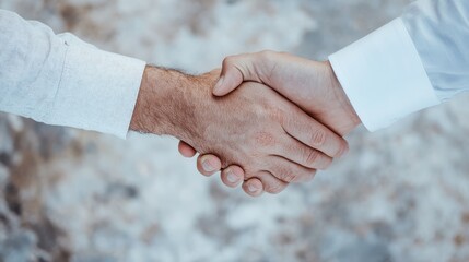 This image shows a close-up of two men firmly shaking hands, symbolizing a business agreement or partnership, against a blurred background of gray and white hues.