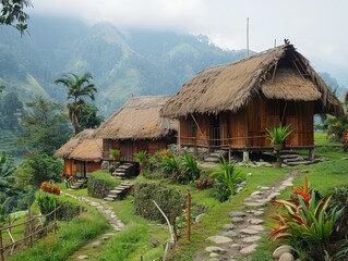 Rustic bamboo cottages with thatched roofs in lush mountain landscape, surrounded by greenery and misty hills in serene countryside setting.