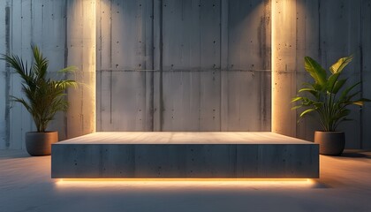 Wall Mural - Textured concrete podiums illuminated by ambient lighting, showcasing intricate details and enhancing visual depth in the display