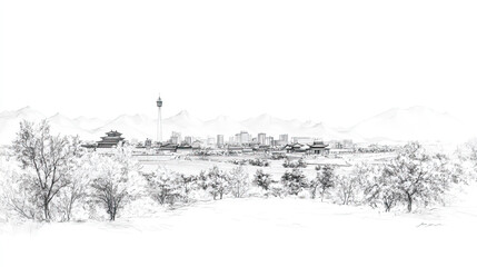 Kaesong, North Korea, black and white pen pencil hand-drawn effect drawing illustration for travel poster, card, wallpaper, backdrop or banner. Modern, clear, artistic and simple