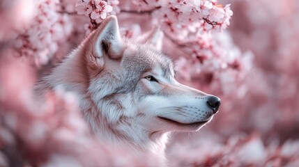 A stunning profile of a grey wolf under a canopy of pink cherry blossoms, showcasing the contrast between the majestic animal and the delicate floral surroundings.